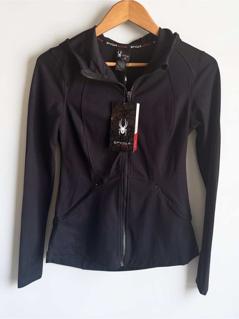 Spyder Women's Active Hooded Zip Up Jacket Size Small Black Thumb Holes Stretch